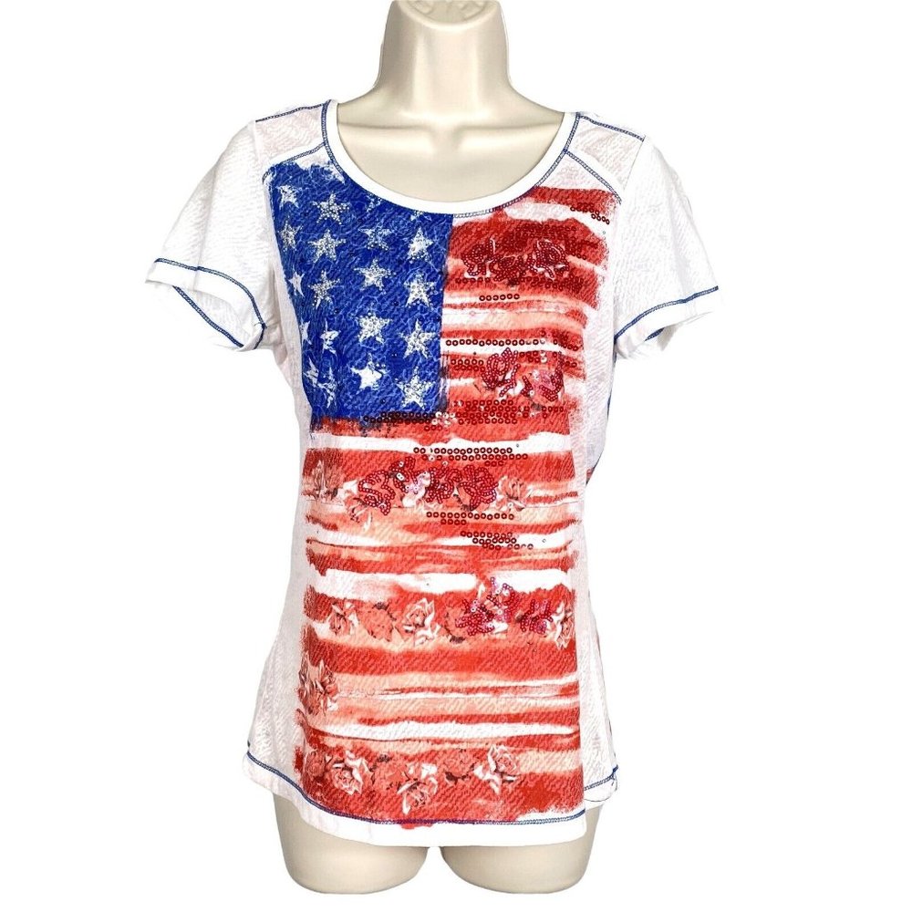 Womens Onque Casuals Sz S White, Blue, Red Sequin Studded Short Slv Sheer Tee